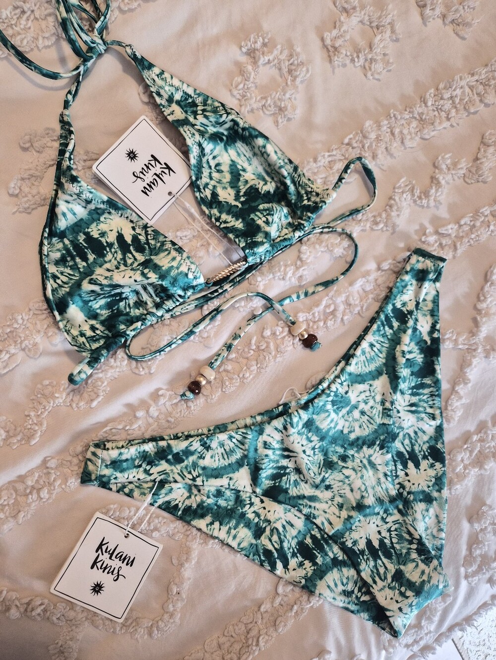 Kulani Kinis Women's Green White Tie Dye Triangle Bikini SET Large